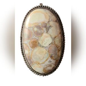 Vintage Women's Turritella Agate Statement Pendant with Detailed Silver Beading